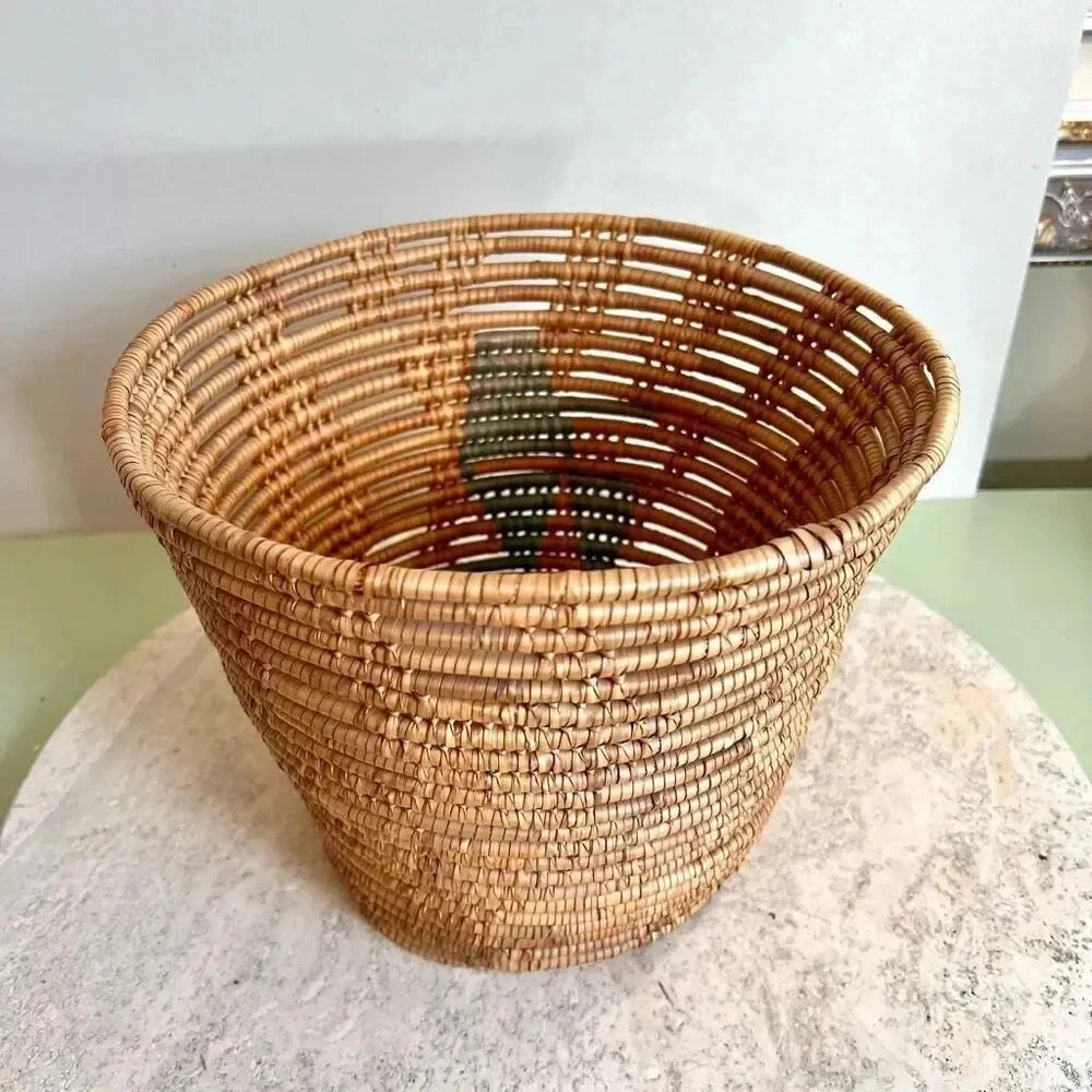Vintage Handmade Native American Hand Woven Large Basket Tan with Print on Insid